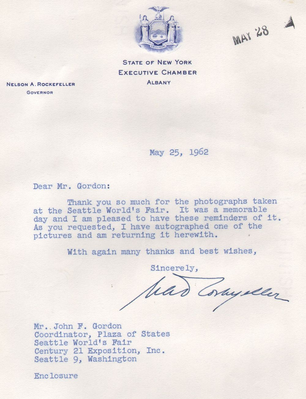 Nice Thank you letter from Nelson Rockefeller to Jack Gordon.