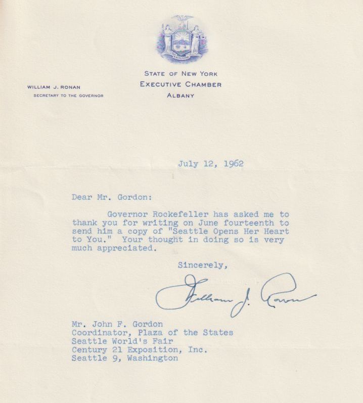 letter from William Ronan to Jack Gordon, July 12, 1962.