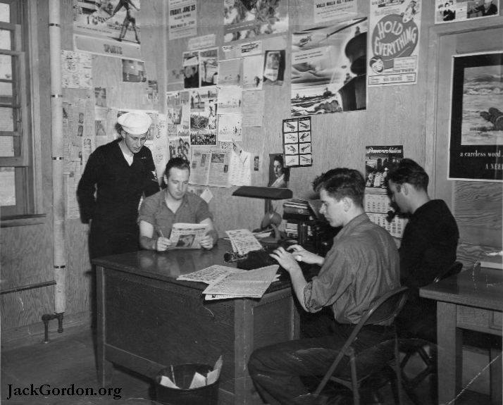 Jack Gordon and other sailors typing at Pasco Naval Air Station, 1944. Picture from JackGordon.org