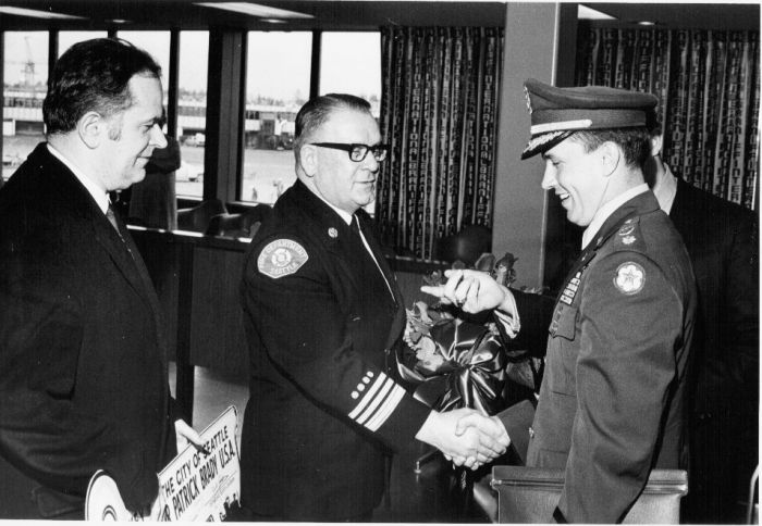 US Army Major Pat Brady, recipient of 1970 Seattle University Distinguished Alumnus Award with Jack Gordon and Gordon Vickery